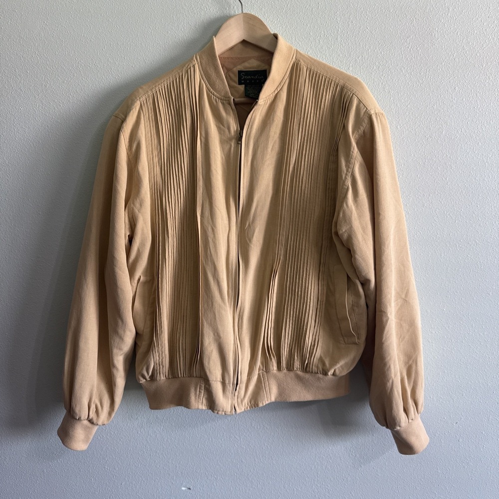 Vintage Scandia Woods Mens Size Med RG Bomber Jacket Black Pleated Full Zip Silk